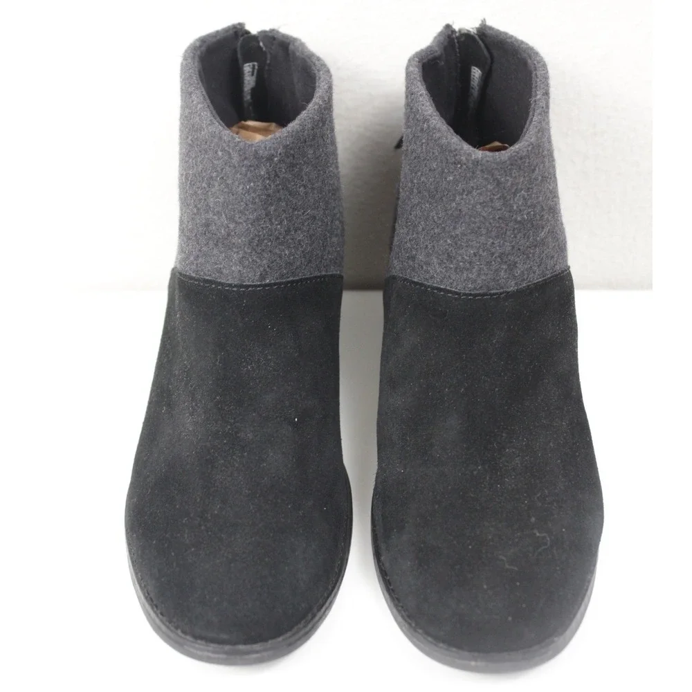 TOMS Leila Ankle Boots Womens 9.5 Black Suede Gray Wool Block Heel Zip